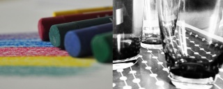 Arbeitsschwerpunkte zwei Bilder, links Ölkreide und rechts Gläser